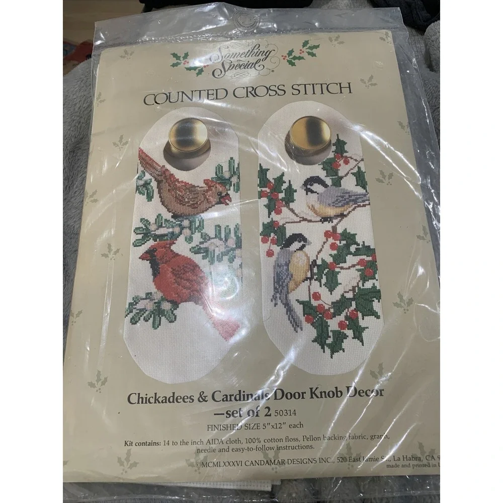 Something Special Counted Cross Stitch Chickadees & Cardinal Door Knob Decor Two